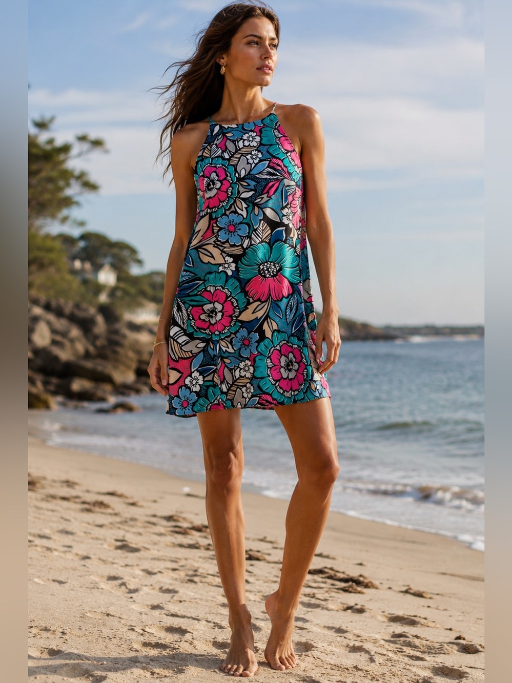 Tyche Swing Shift Mini Halter Tent Dress Colorful Floral Lilly high neck halter